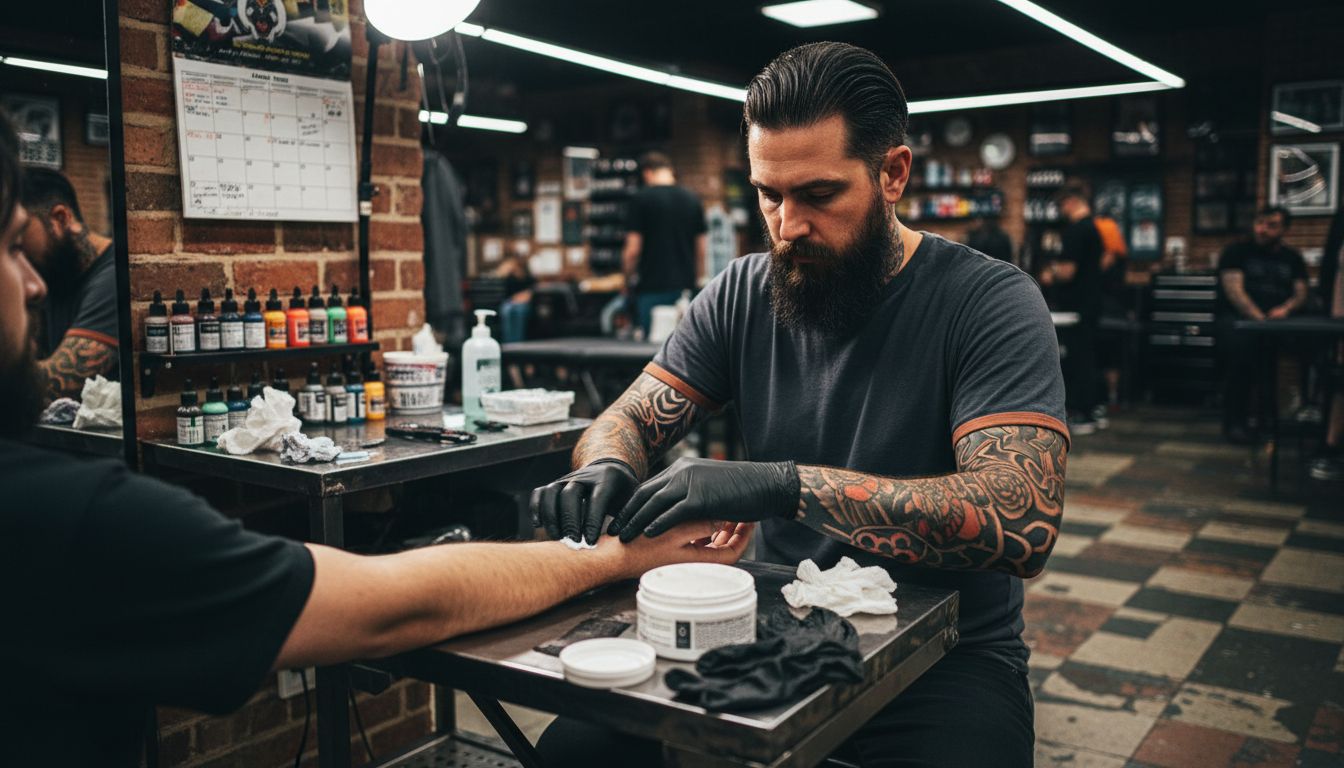 Tattoo artist applying numbing cream to client