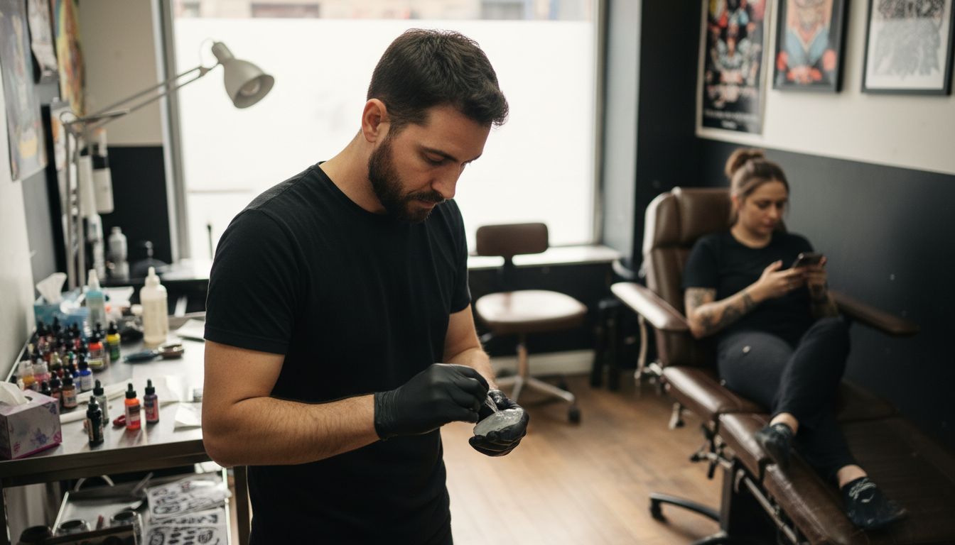 Tattoo artist applying topical anesthetic gel