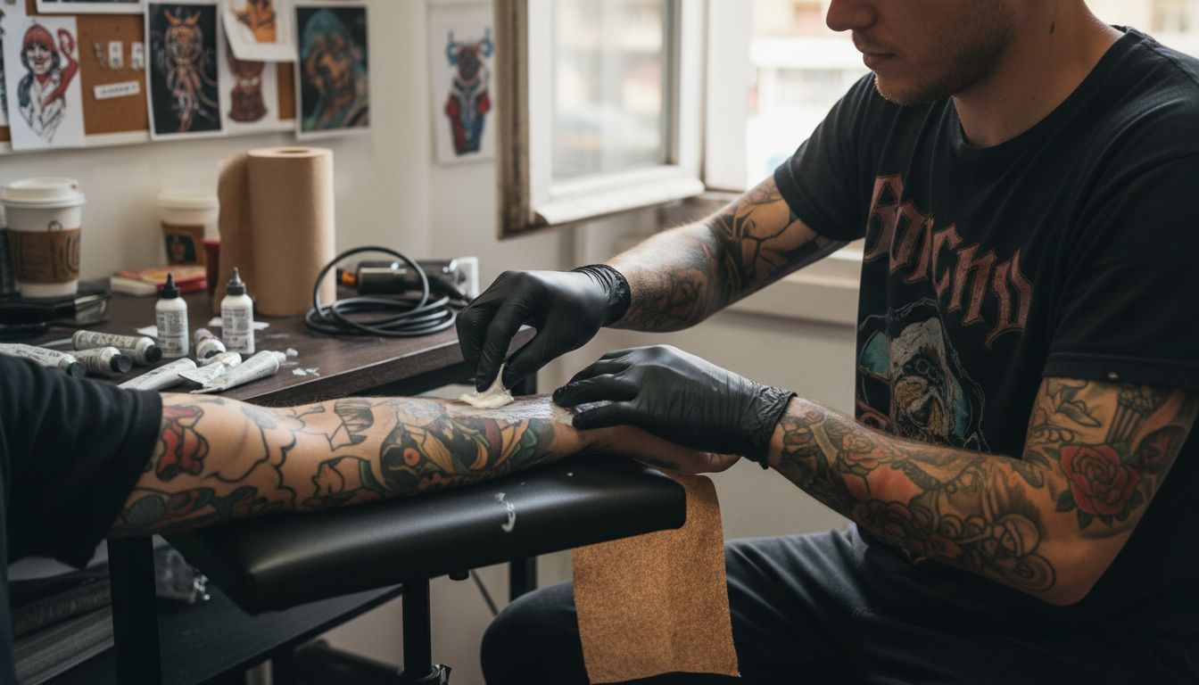 Tattoo artist applying numbing cream in studio