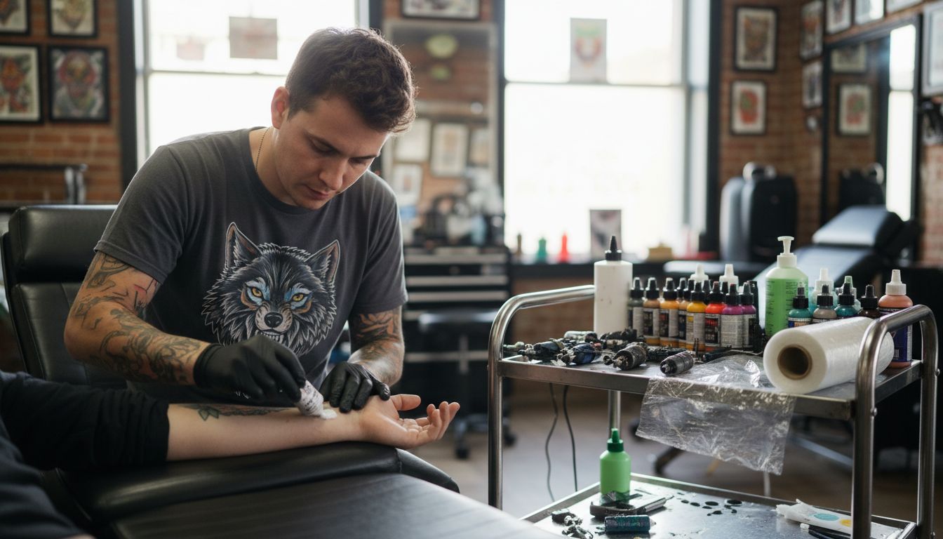 Tattoo artist preparing client's skin with anesthetic cream