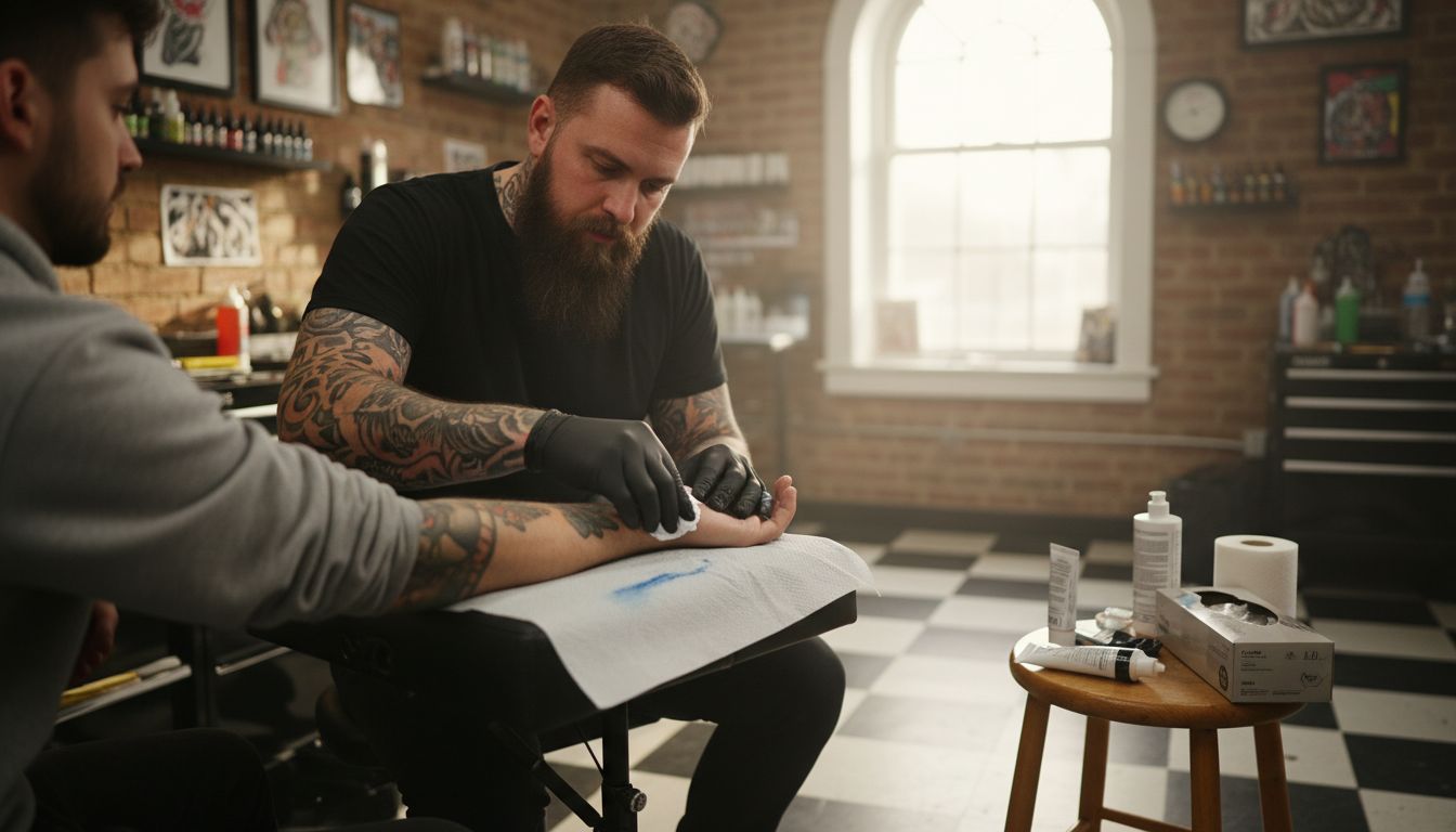Tattoo artist applying numbing cream in studio