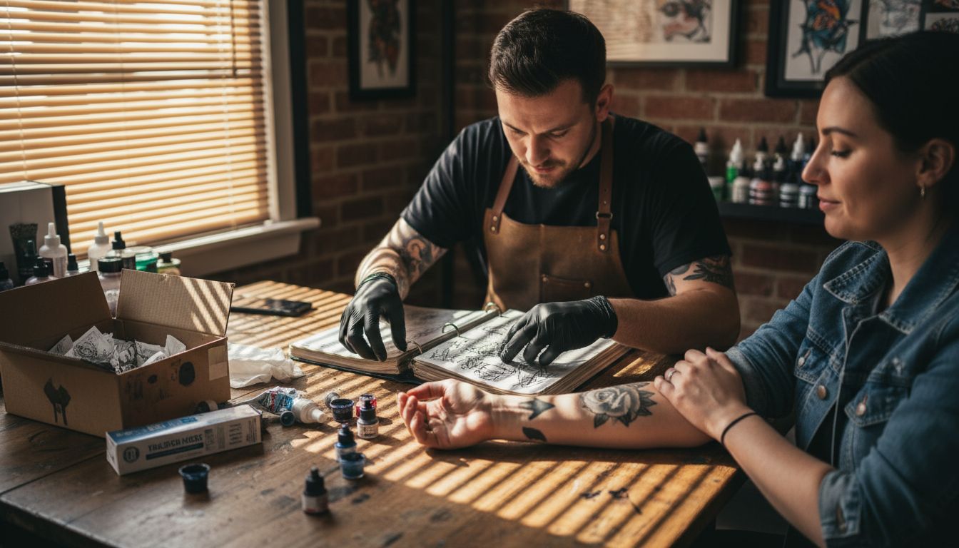 Tattoo artist consulting with client at desk