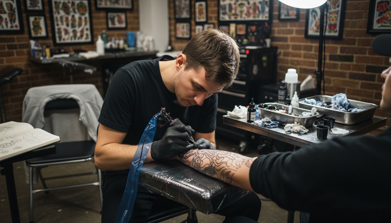 Tattoo artist working long session sleeve
