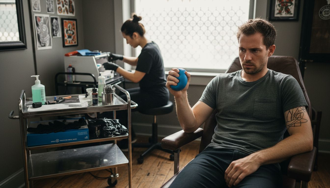 Client preparing for tattoo at studio