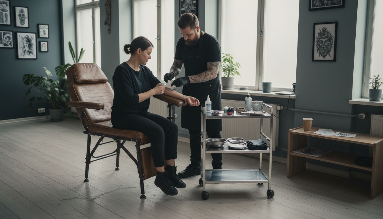 Tattoo artist preparing client’s forearm
