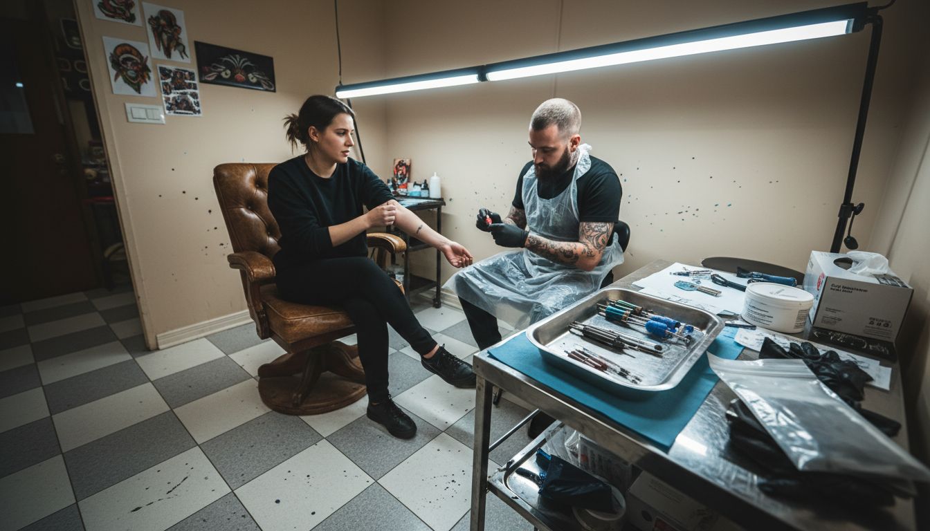 Tattoo client and artist preparing in studio