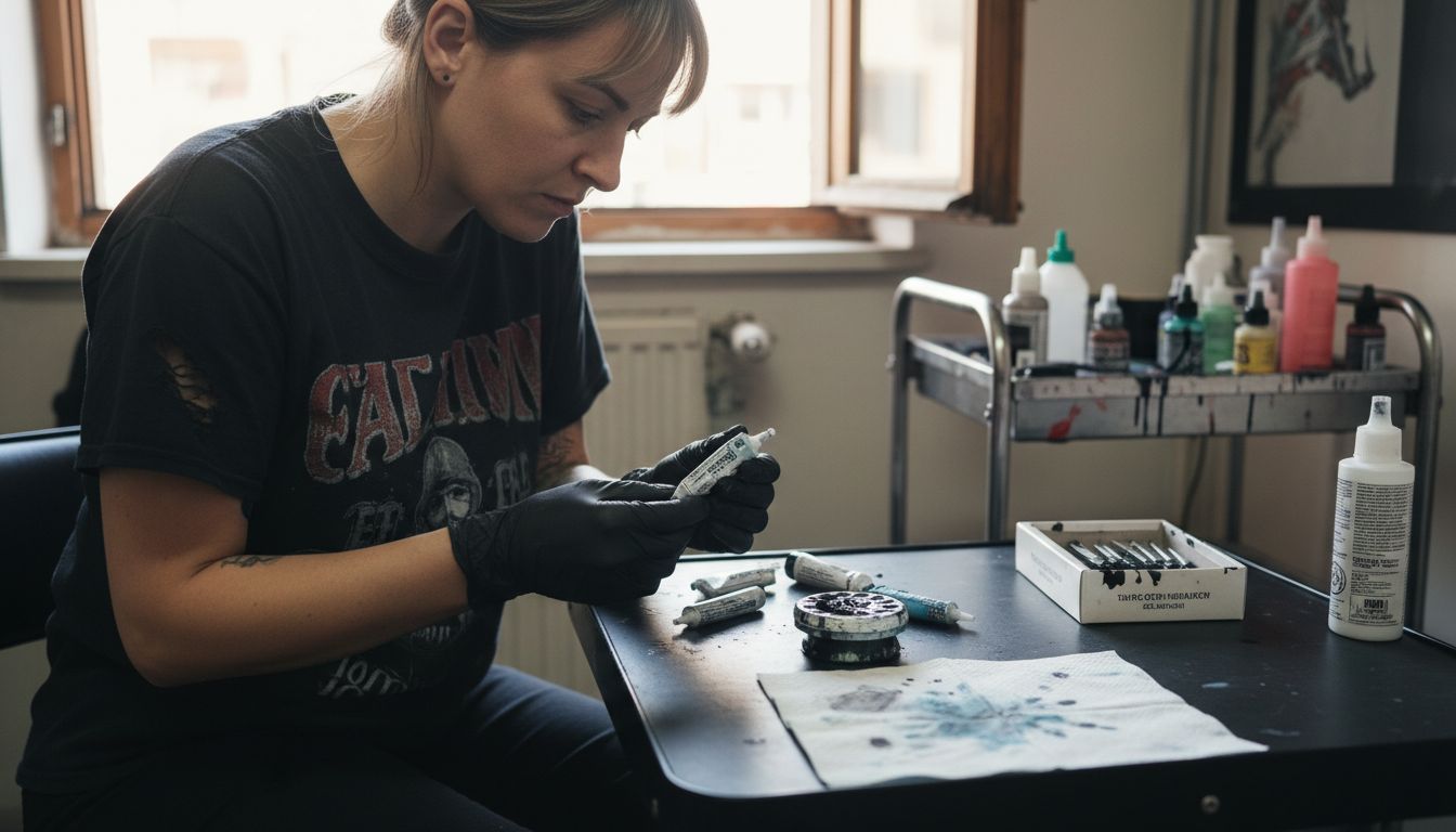 Tattoo artist comparing numbing creams in studio