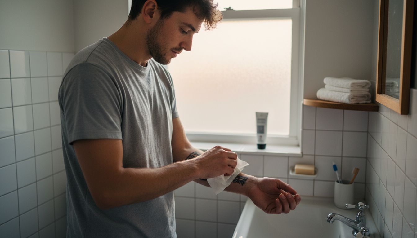 Man cleaning fresh tattoo in bright bathroom