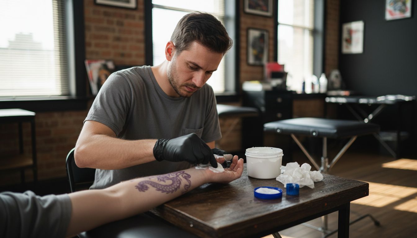 Tattoo artist applying anesthetic to client arm