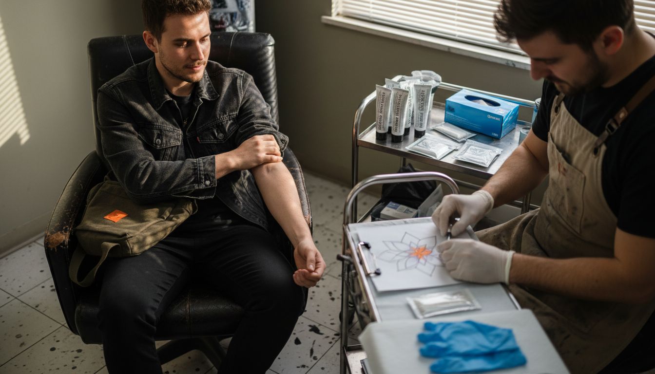 Tattoo client and artist preparing numbing supplies