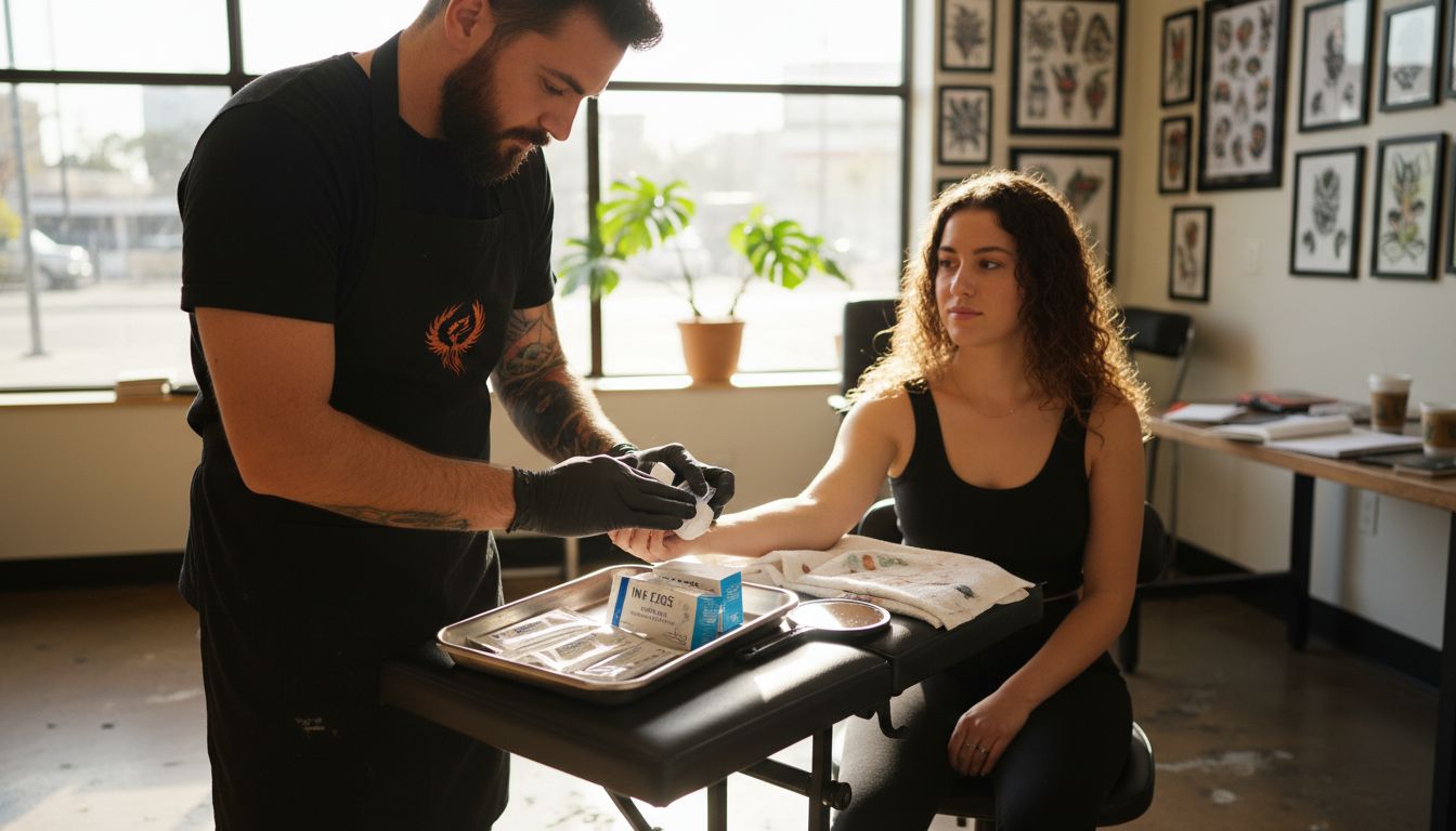 Tattoo artist applying numbing cream for client