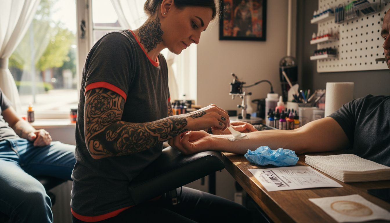 Tattoo artist applying numbing cream in studio