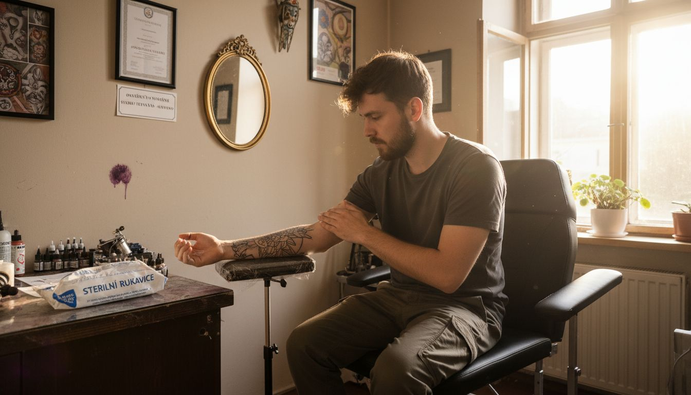 Muž si před tetováním nanáší znecitlivující krém.