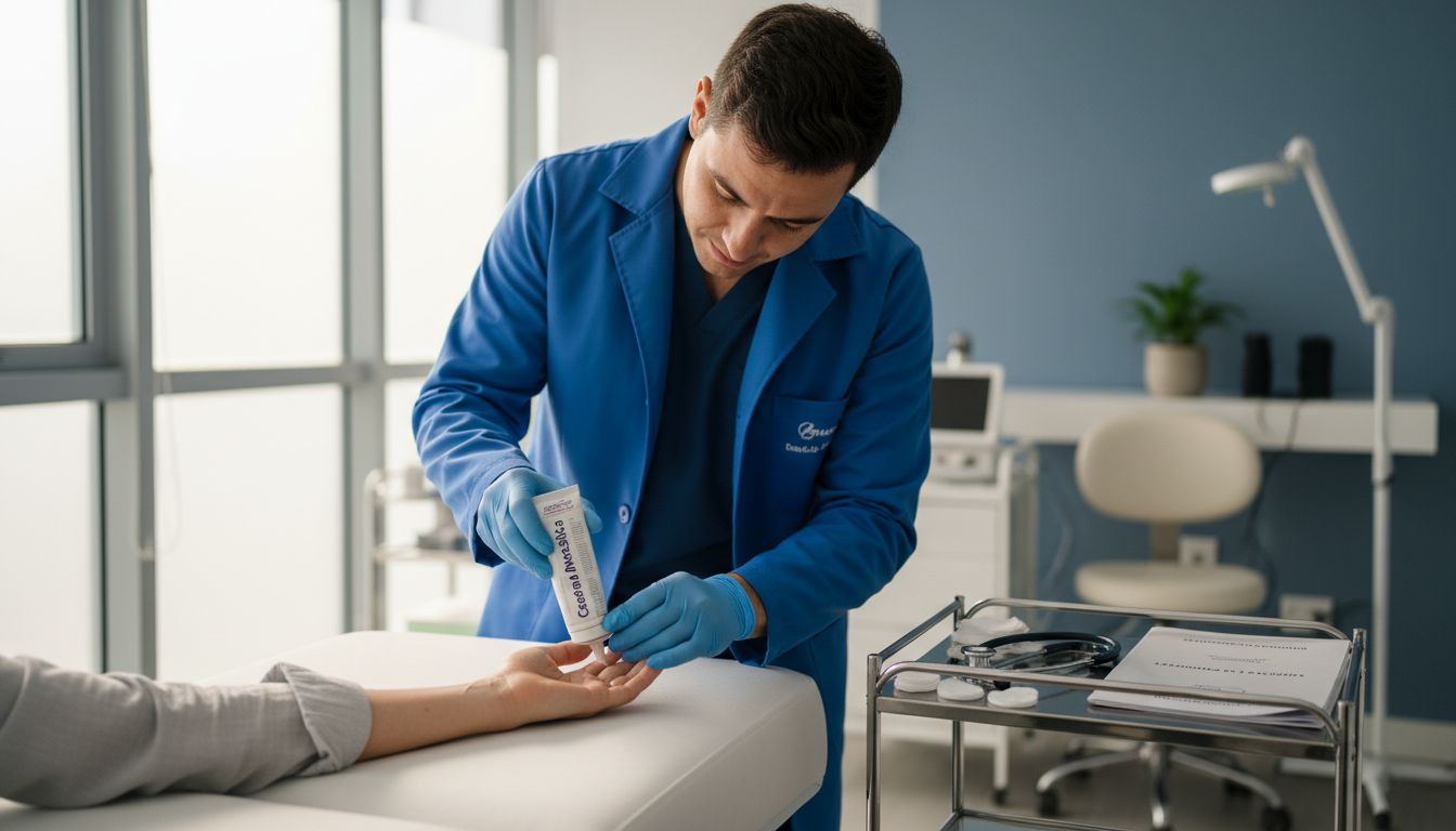 La dermatóloga está aplicando una crema anestésica a un paciente en la consulta.