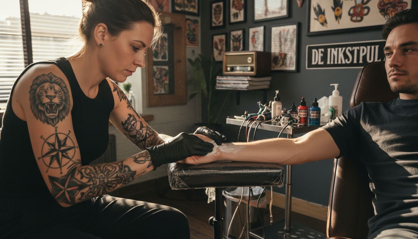 Een tatoeëerder brengt verdovende crème aan op de arm van een klant.