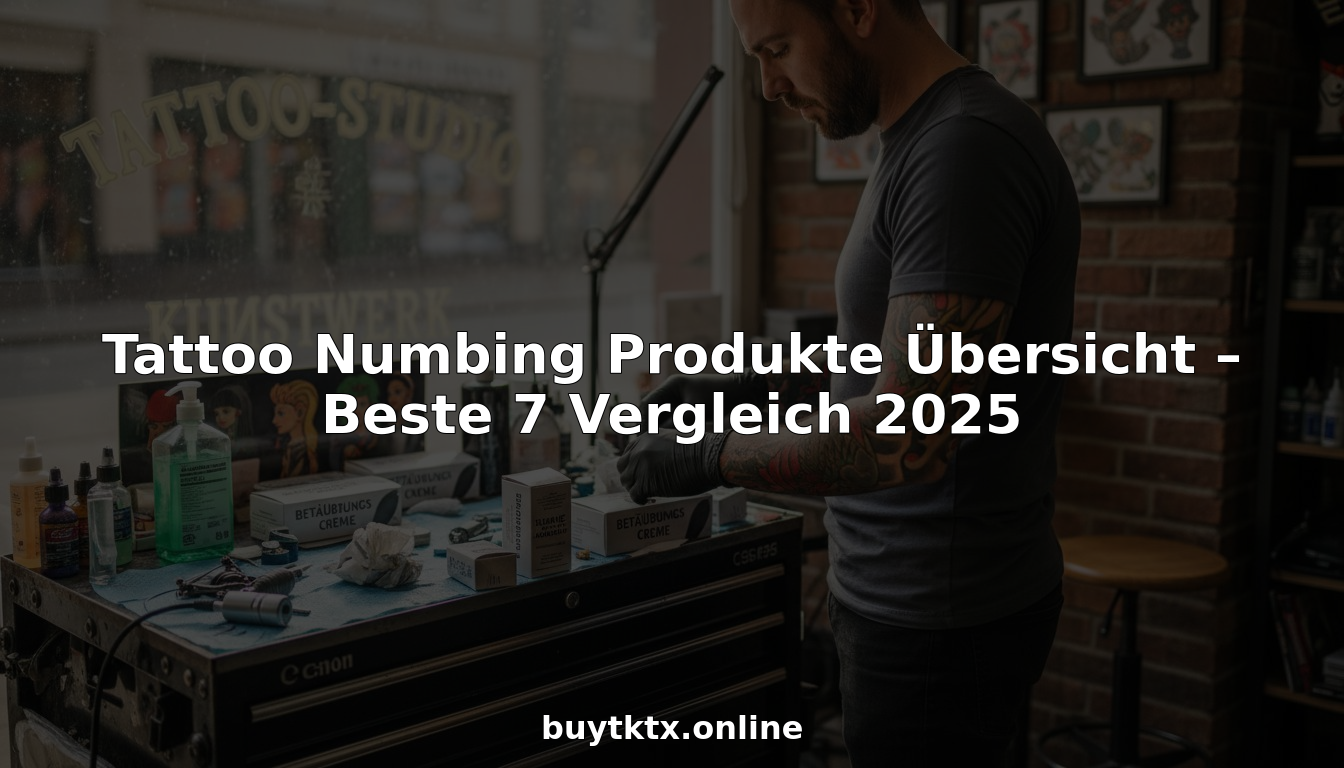 Ein Tätowierer sortiert Betäubungscremes auf seinem chaotischen Arbeitstisch.