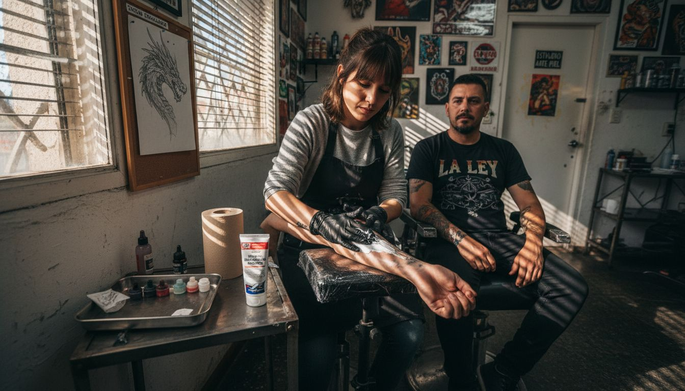 El tatuador aplica anestesia en el brazo del cliente antes de comenzar el diseño.