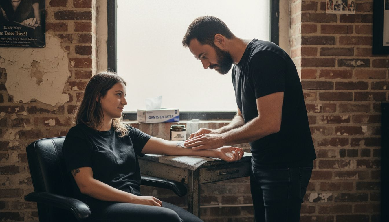 Un tatoueur applique une crème anesthésiante sur le bras de son client avant de commencer la séance.