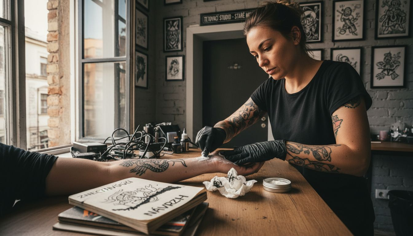 Tatér nanáší na ruku znecitlivující mast.