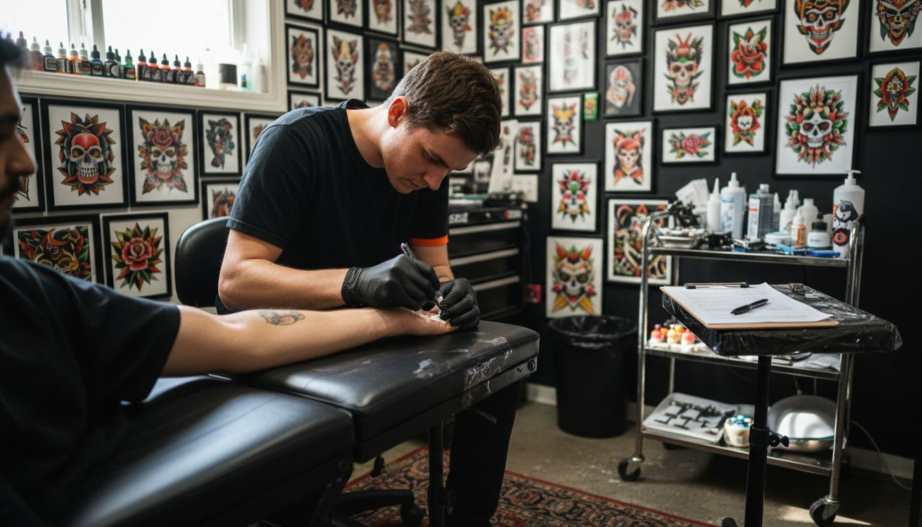 Tattoo artist applying numbing cream in studio