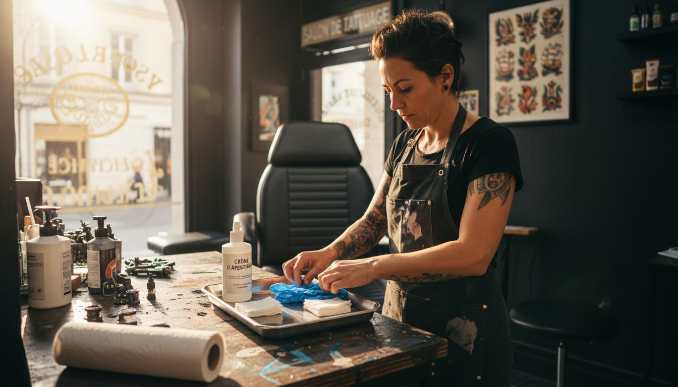 Le tatoueur dispose la crème anesthésiante sur un plateau avant de commencer la séance.