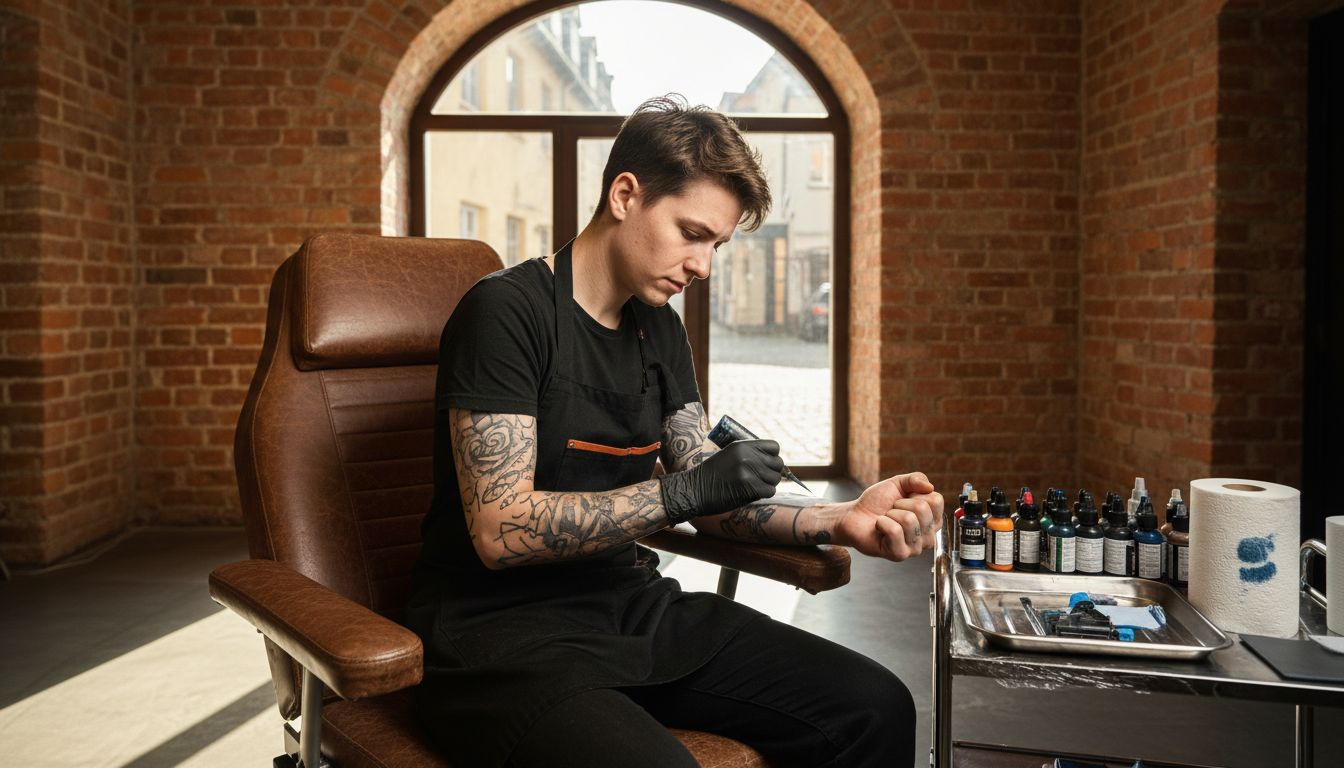 Tattoo artist applying numbing cream to client