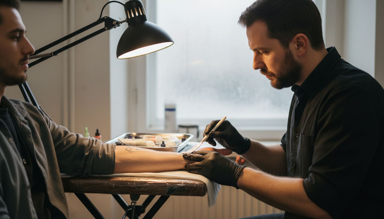 El tatuador aplica crema anestésica antes de empezar la sesión en el estudio.