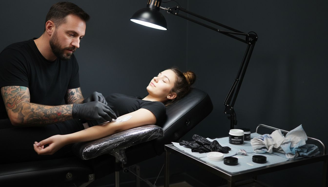 El tatuador aplica crema anestésica antes de comenzar la sesión en el estudio.