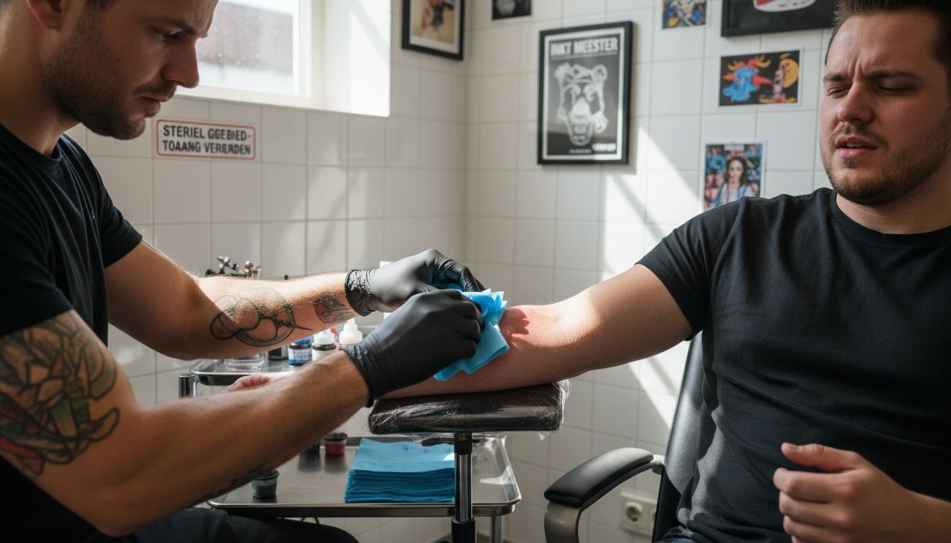 De tatoeëerder maakt het net gezette tattoo voorzichtig schoon bij de klant.