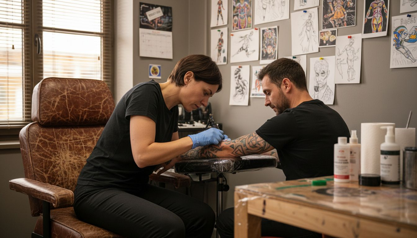 Avant de commencer le tatouage, la tatoueuse applique une crème anesthésiante sur la zone à tatouer.