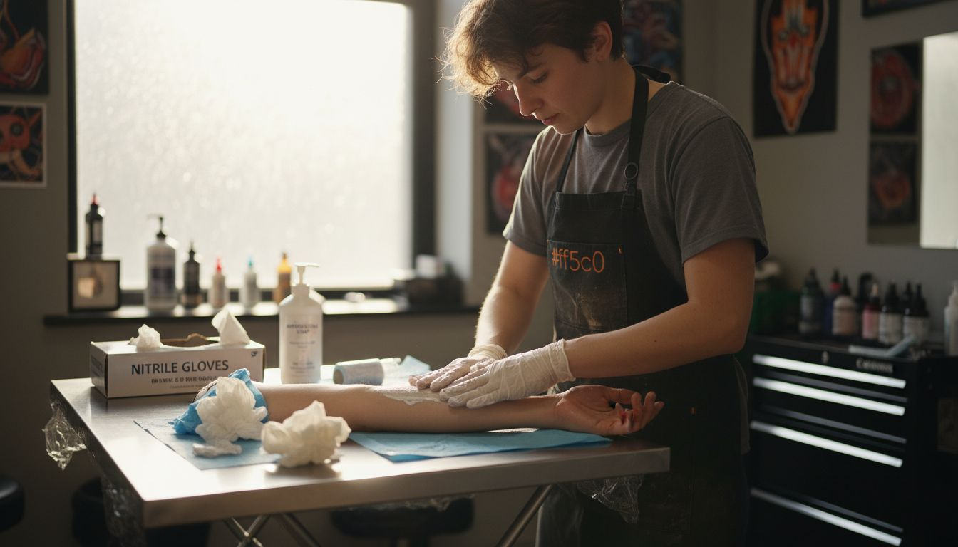 Tattoo artist applies numbing cream in studio