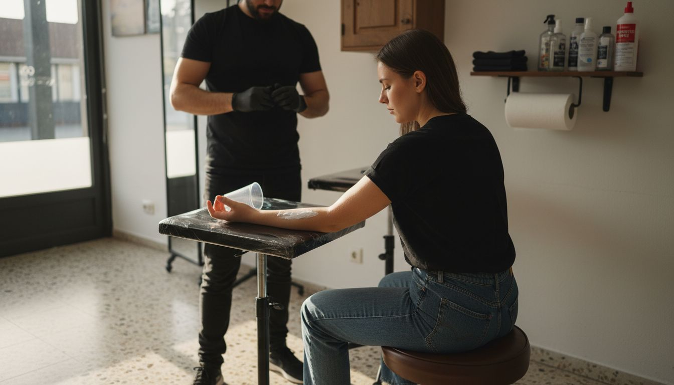 Voordat ze haar tatoeage laat zetten, smeert de vrouw een verdovende zalf op haar huid.