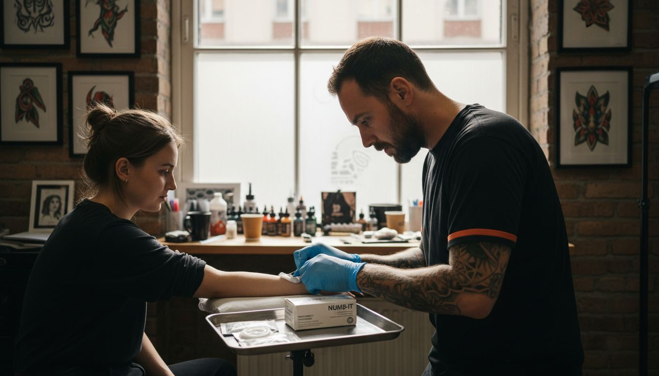 Tattoo artist applying numbing cream in studio