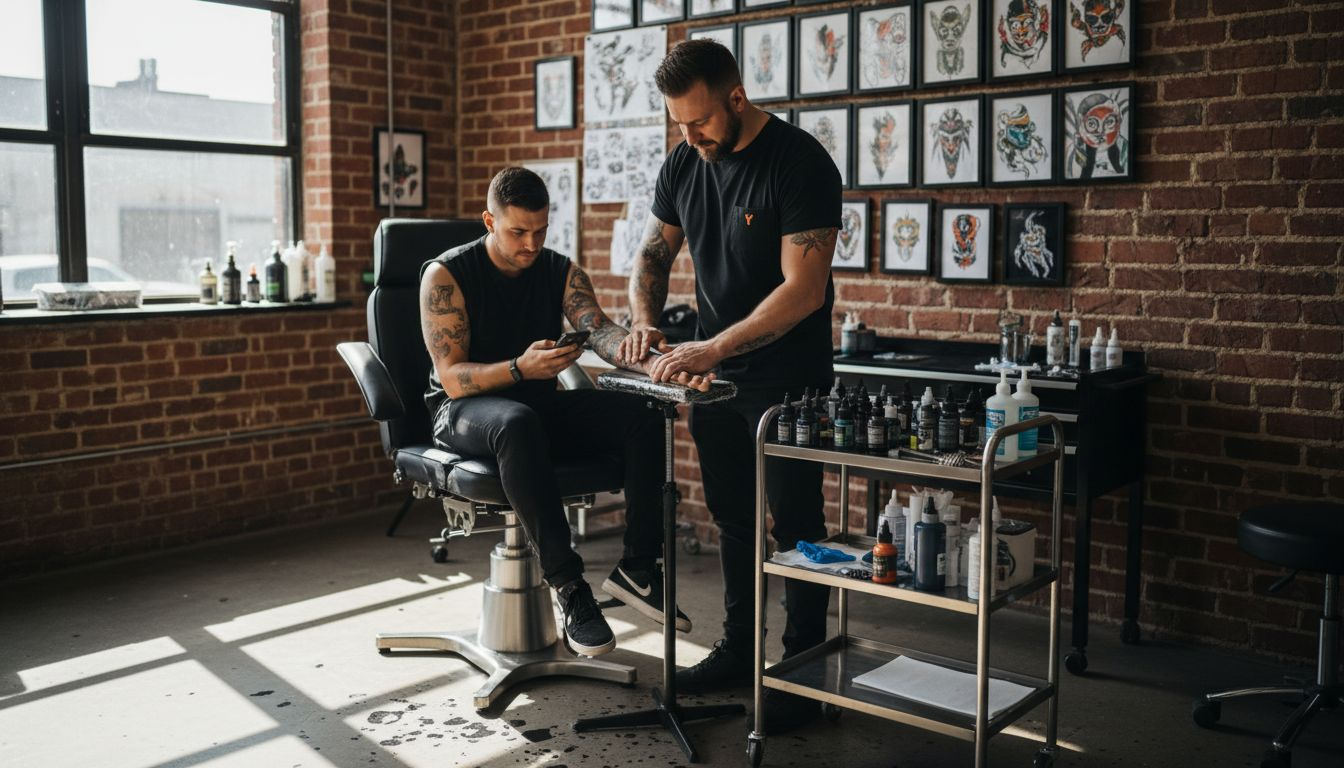 Tattoo artist applies numbing cream to client