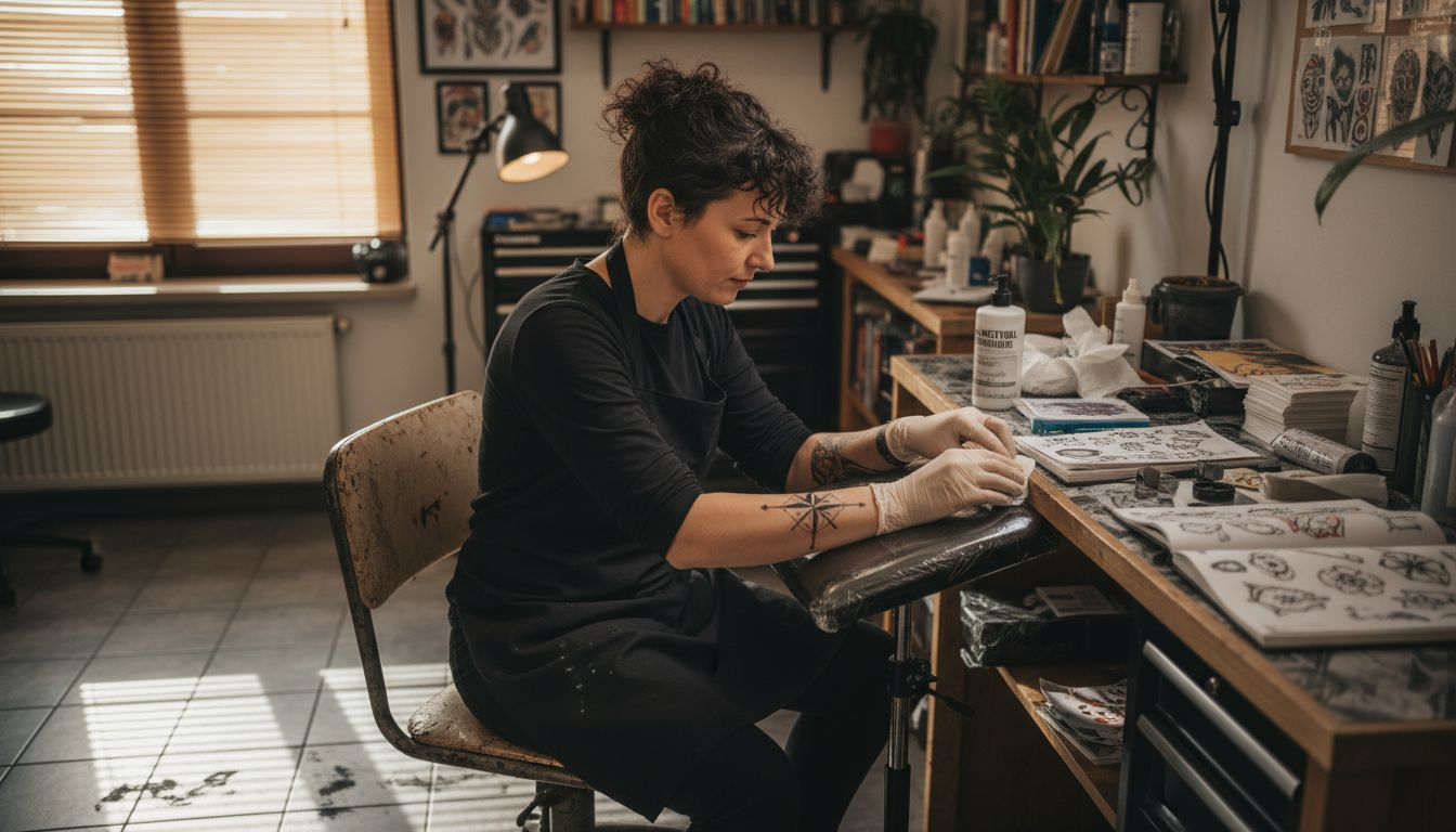 Im Tattoostudio erklärt der Tätowierer seinem Kunden, wie er das frische Tattoo richtig pflegt.