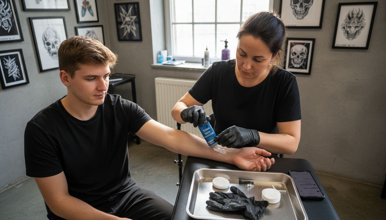 Ein Tätowierer trägt eine betäubende Creme auf den Arm auf, um den Schmerz beim Stechen zu lindern.