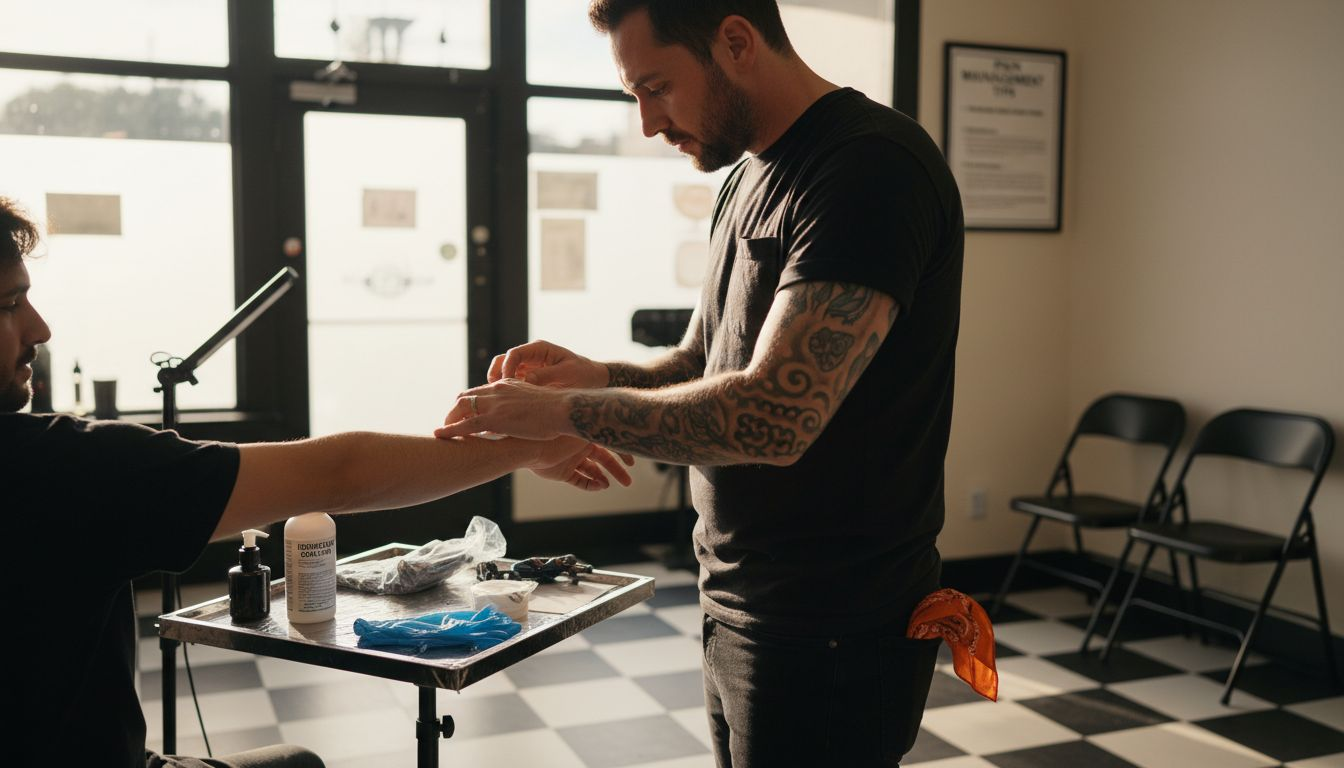 Tattoo artist applying numbing cream to client