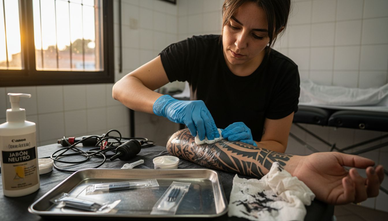 Antes de empezar a tatuar, la tatuadora desinfecta cuidadosamente la piel del antebrazo.