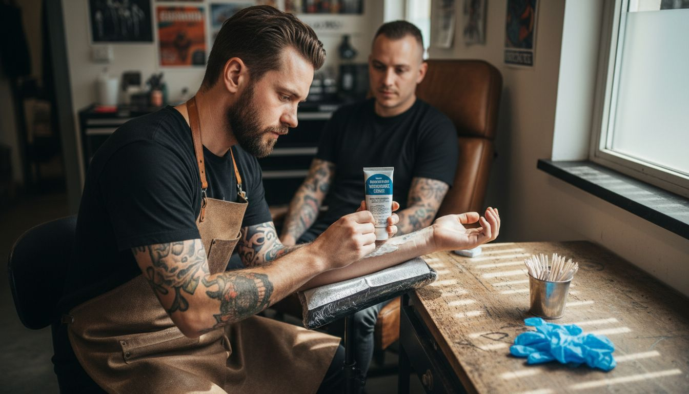 De artiest smeert een verdovende crème op zijn arm.