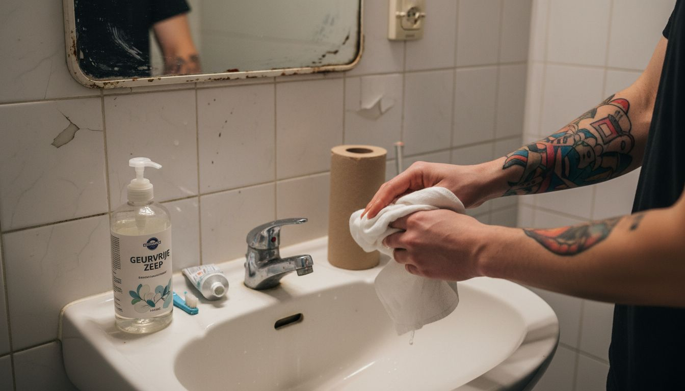 Iemand maakt een verse tatoeage schoon bij de wastafel.