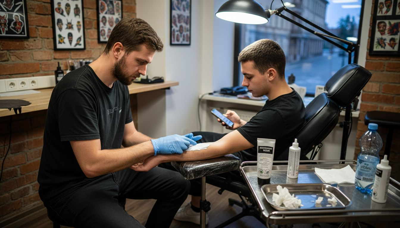 Tatér nanáší znecitlivující krém na ruku před tetováním.