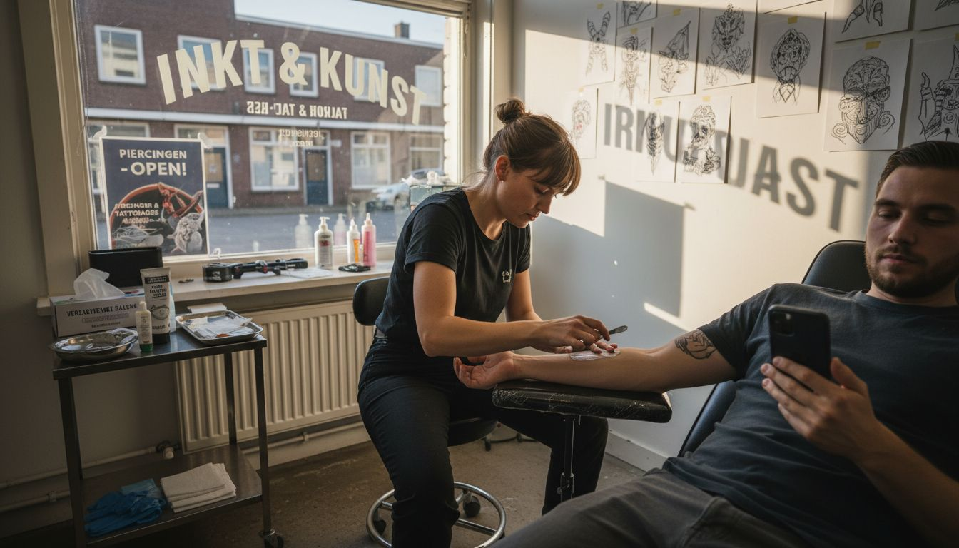 De tatoeëerder brengt in de studio verdovende crème aan.