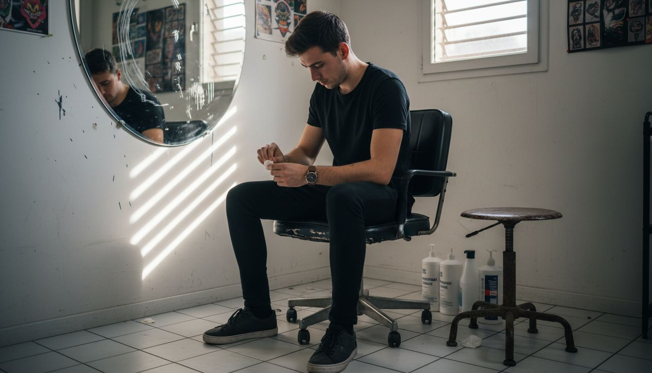 Un homme prépare sa peau en appliquant une lotion avant de se faire tatouer.