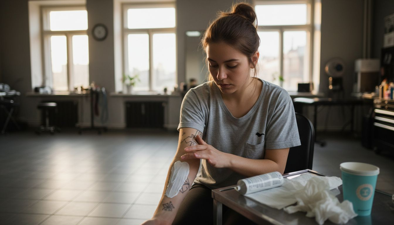 Una mujer se aplica crema anestésica antes de hacerse un tatuaje en una clínica especializada.