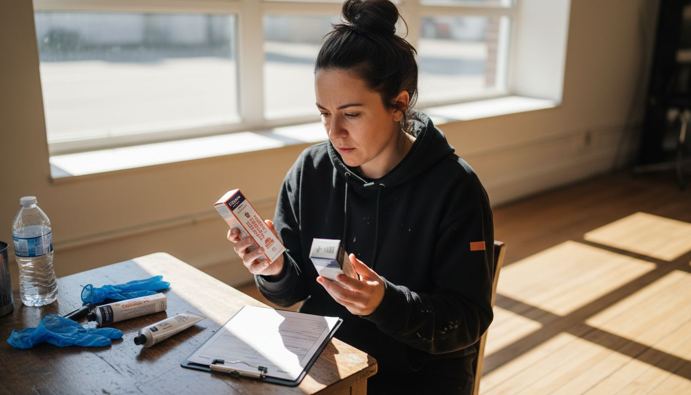 Tattoo artist choosing numbing creams at desk