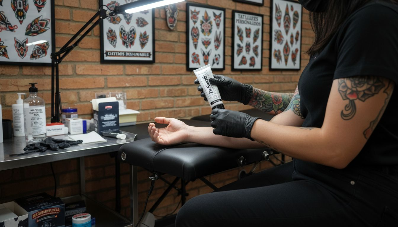 Tatuadora aplicando crema anestésica antes de empezar una sesión en el estudio