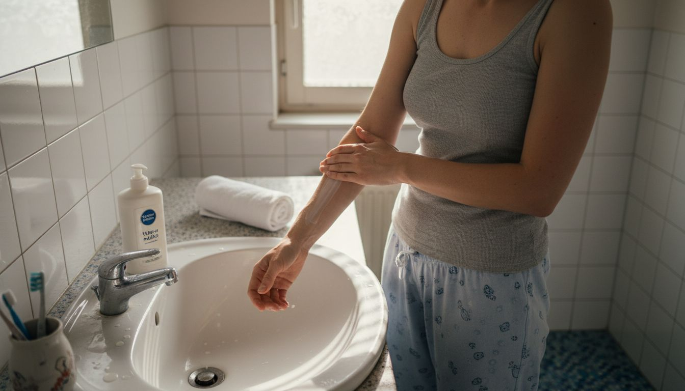 Žena si v malinké koupelně pečlivě hydratuje pokožku, aby byla připravená na nové tetování.