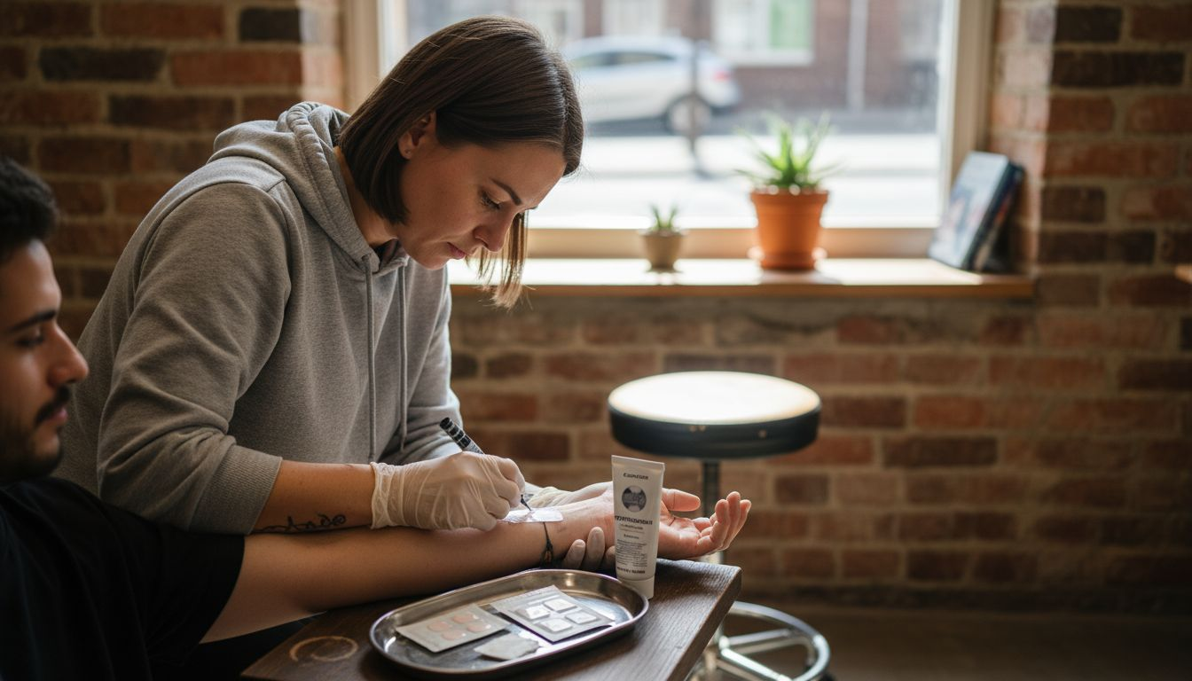 Ein Tätowierer bereitet alles für eine schmerzarme Tätowierung vor.