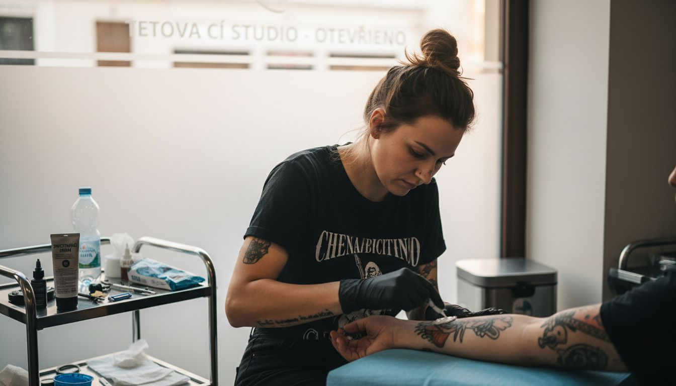 Tatér nanáší znecitlivující krém na paži klienta.