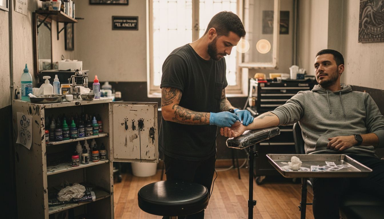 El tatuador aplica anestesia antes de comenzar el trabajo en el estudio.